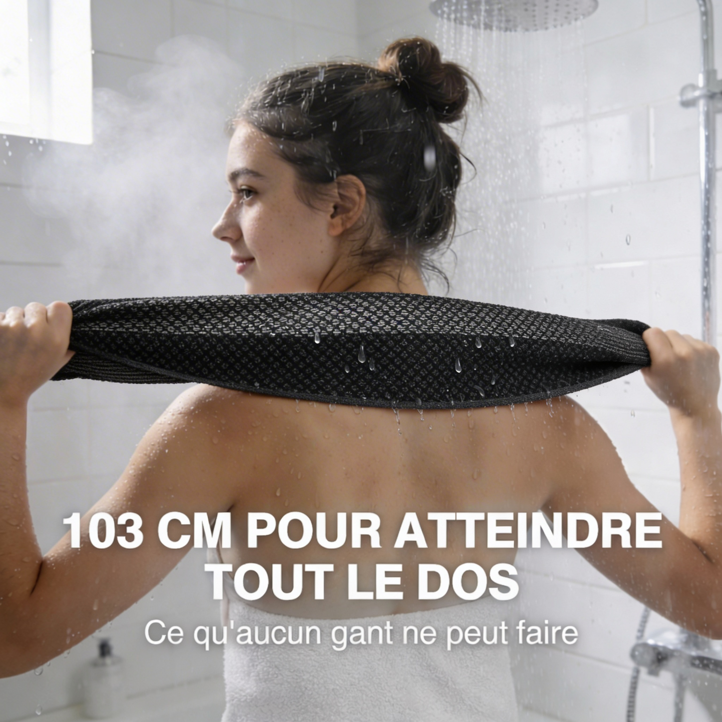 Démonstration serviette exfoliante Duchessence 103 cm exfolier dos